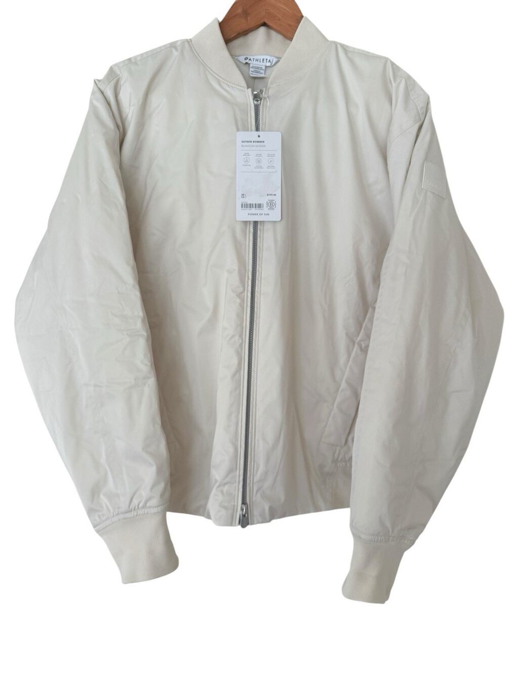 Athleta Satin Bomber Jacket Women’s Large Cream White Zip Lightweight NWT